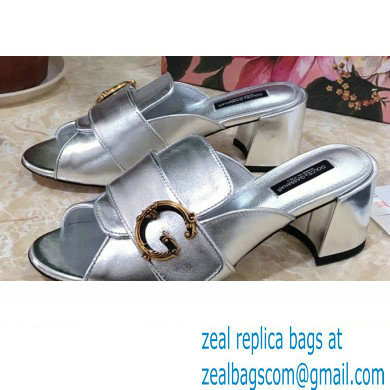 Dolce & Gabbana Heel 6.5cm Leather Sliders Silver With Baroque D & G Logo 2021 - Click Image to Close